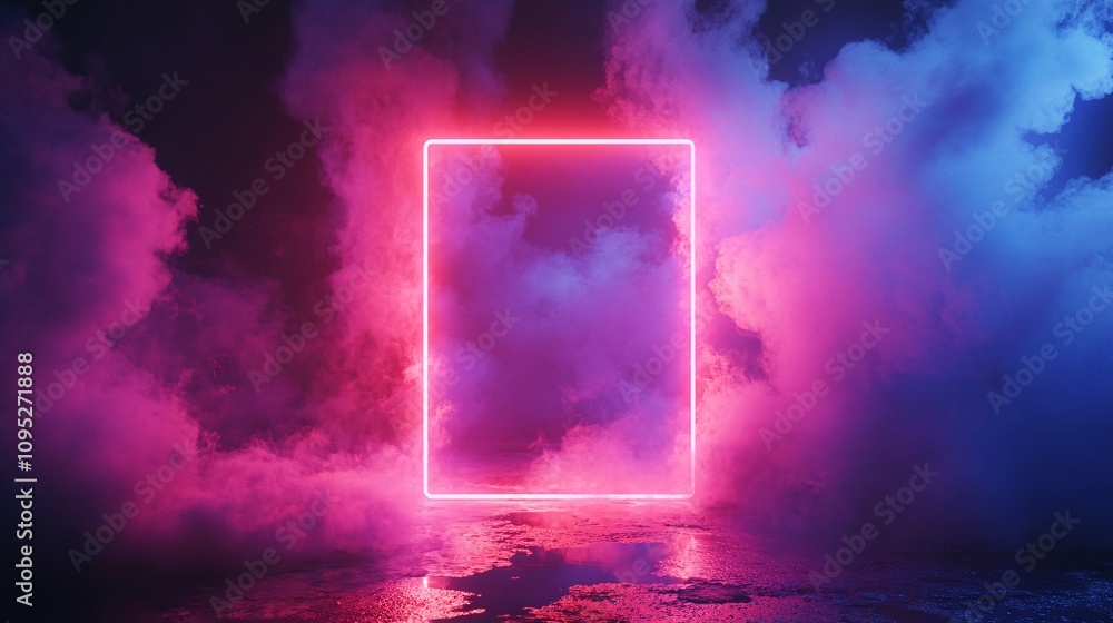 Aufkleber Glowing neon square frame illuminating colorful smoke in futuristic background