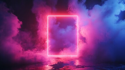 Glowing neon square frame illuminating colorful smoke in futuristic background