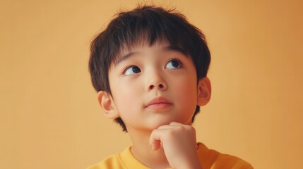 Young Asian Boy Contemplating, Curious, Thoughtful, Pensive Expression