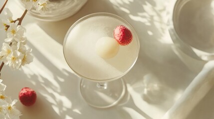 ライチとラズベリーを添えた爽やかな春のカクテルの明るい空中写真