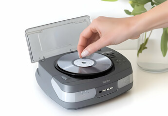 Hand Placing a CD into an Old Style Gray and Silver Music Player in a Bright and Modern Setting with Natural Light and Greenery in the Background
