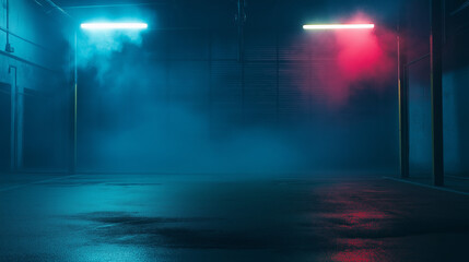 A dark and mysterious scene with a single blue spotlight cutting through the fog. Perfect for creating a haunting atmosphere.