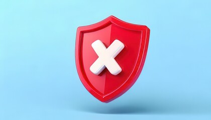 Obraz premium 3D technology enhances cybersecurity with biometrics. Red shield with a white cross symbol on a blue background