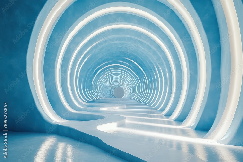 Aufkleber futuristic abstract tunnel design with circular light patterns and smooth pathway in soft blue hues 
