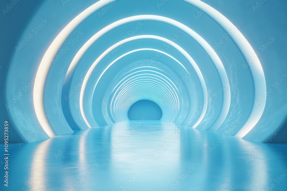 Poster Futuristic Blue Archway Tunnel with Smooth Reflective Surface and Illuminated Curved Walls Creating a Modern and Serene Atmosphere for Architectural Backgrounds