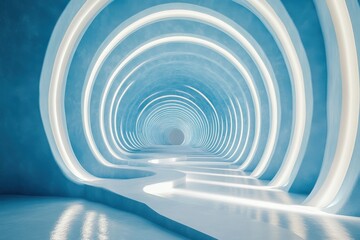 Obraz premium Futuristic Abstract Tunnel Design with Circular Light Patterns and Smooth Pathway in Soft Blue Hues Creating a Dreamlike Perspective for Modern Spaces