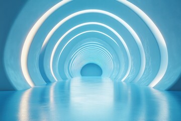 Obraz premium Futuristic Blue Archway Tunnel with Smooth Reflective Surface and Illuminated Curved Walls Creating a Modern and Serene Atmosphere for Architectural Backgrounds