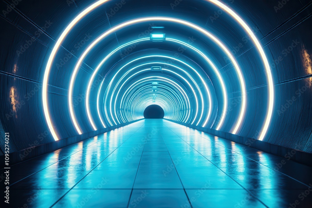 Poster futuristic neon tunnel with glowing circular lights and smooth reflective floor, creating a surreal 