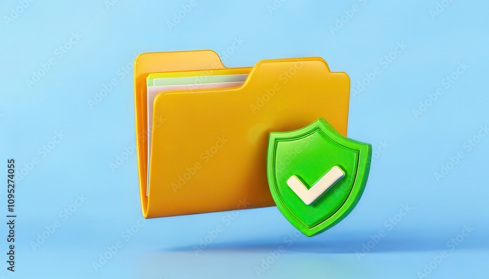 Poster 3d technology enhances cybersecurity with biometrics. colorful yellow folder with green shield icon 