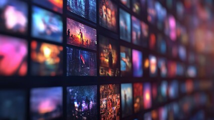 Immersive Digital Wall with Blurred Video Content.Concept of Digital age, information overload, immersive experience, virtual reality,Online news, media, advertising, technology, film industry, gaming
