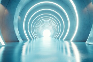 Obraz premium Futuristic Tunnel with Glowing Neon Lights and Reflections, Creating a Mystical Pathway to a Bright Exit in a Modern Architectural Space