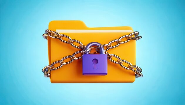 3D technology enhances cybersecurity with biometrics. Secure folder with a padlock and chains security in a digital environment