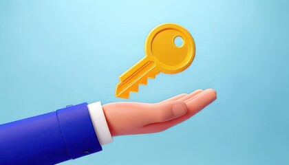3D technology enhances cybersecurity with biometrics. Golden Key Held by Hand Against a Light Blue Background