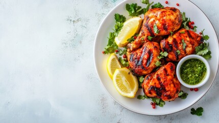 清潔な白いテーブルの上に、レモンとハーブを添えたインド風グリルチキンを盛り付けた料理のプレゼンテーション