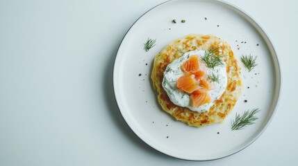 料理のインスピレーションとなる、きれいな白い背景にグルメなサーモンとディルのパンケーキ