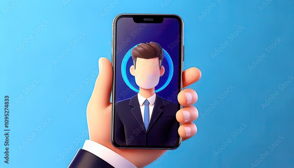 Poster 3d technology enhances cybersecurity with biometrics. hand holding smartphone displaying a digital a