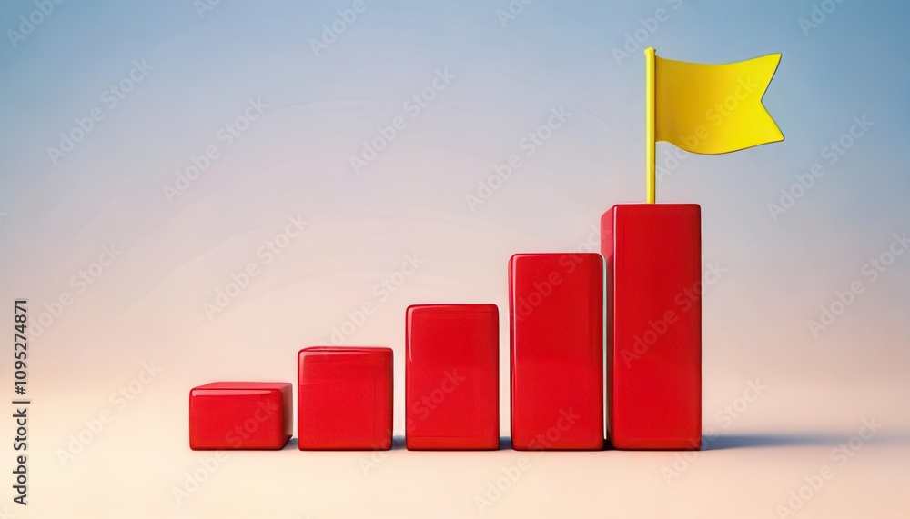 Poster 3d technology enhances cybersecurity with biometrics. red bar graph with yellow flag signifying grow