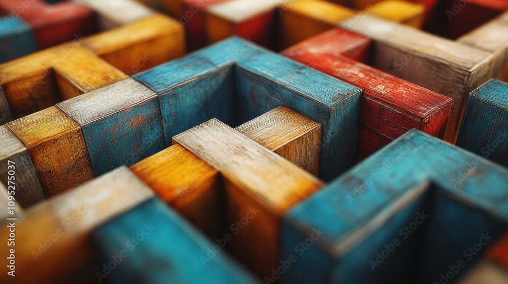 Poster intricate arrangement of colorful wooden blocks creating a captivating abstract pattern with rich te
