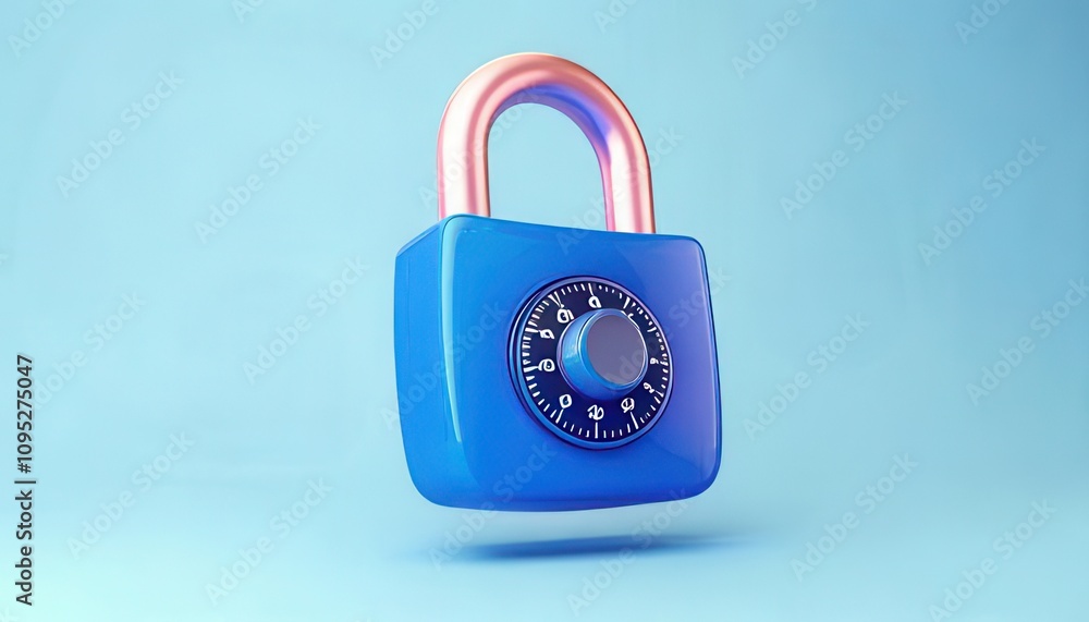 Poster 3d technology enhances cybersecurity with biometrics. vibrant blue padlock with combination dial flo