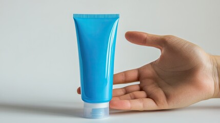 A tube of muscle relief gel beside a person's hand, ready for application, on a white background.