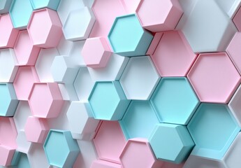 Fototapeta premium Intricate Geometric Pattern of Interlocking Hexagons in Soft Pastel Colors of Pink, Blue, and White Creating a Stylish Modern Wall Design for Contemporary Spaces