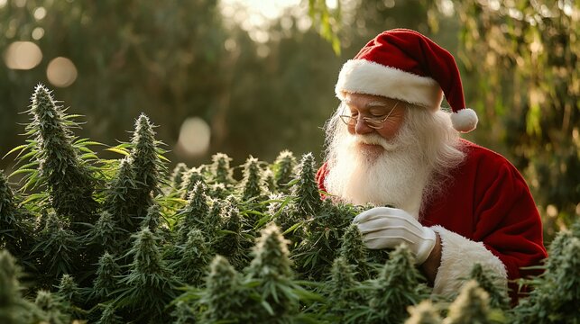 Santa claus inspecting cannabis plants in a field before christmas - Powered by Adobe