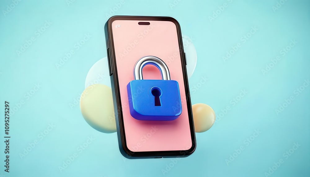 Poster 3d technology enhances cybersecurity with biometrics. smartphone with a large blue padlock on a colo