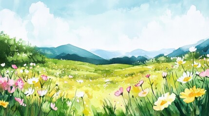 Fototapeta premium A flower-filled and colorful meadow with a backdrop of rolling blue-green mountains.