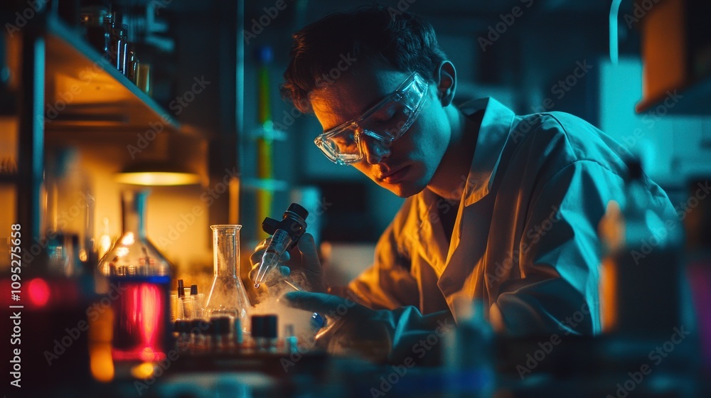 Poster a focused scientist working with chemicals and glassware in a laboratory