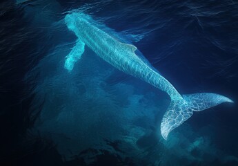 Naklejka premium Majestic Blue Whale Gliding Through Deep Ocean Waters with Sunlight Reflecting on Its Translucent Skin in an Underwater Perspective