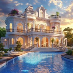Fototapeta premium Luxury Mediterranean Villa with Swimming Pool at Sunset
