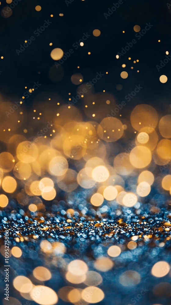 Poster golden and blue festive glittering lights creating magical bokeh effect