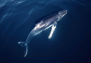 Fototapeta premium Majestic Humpback Whale Swimming Gracefully in Deep Blue Ocean Water Under Sunlight With Bubbles and Waves Surrounding Its Massive Body