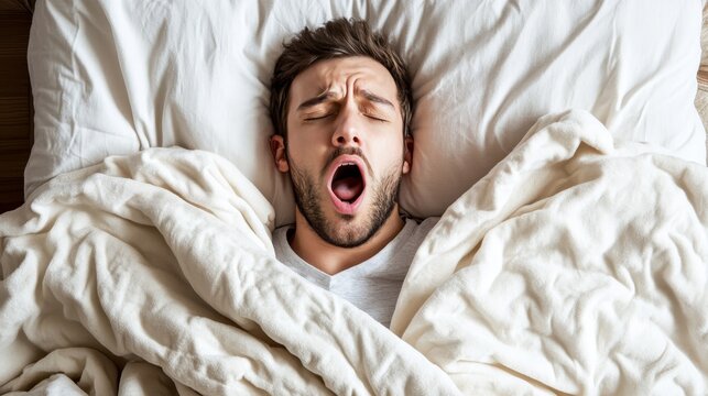 Young Man Loud Snoring and Open Mouth.Concept of Sleep apnea,sleep disorder,poor sleep quality,health issues,fatigue,Healthcare,medical devices,sleep clinics,pharmaceutical industry