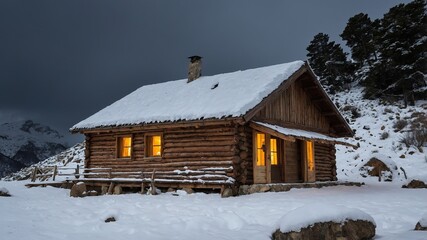 Hermosa caba&ntilde;a cubierta de nieve en un paisaje de monta&ntilde;a nublado