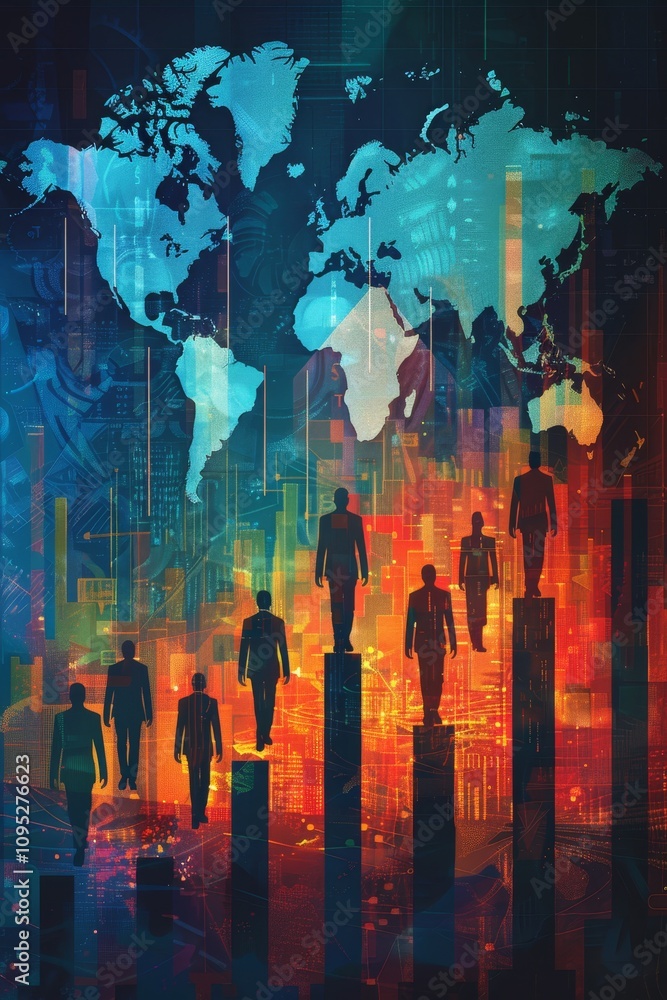 Poster diverse business professionals analyzing global market trends with vibrant data visualizations and a