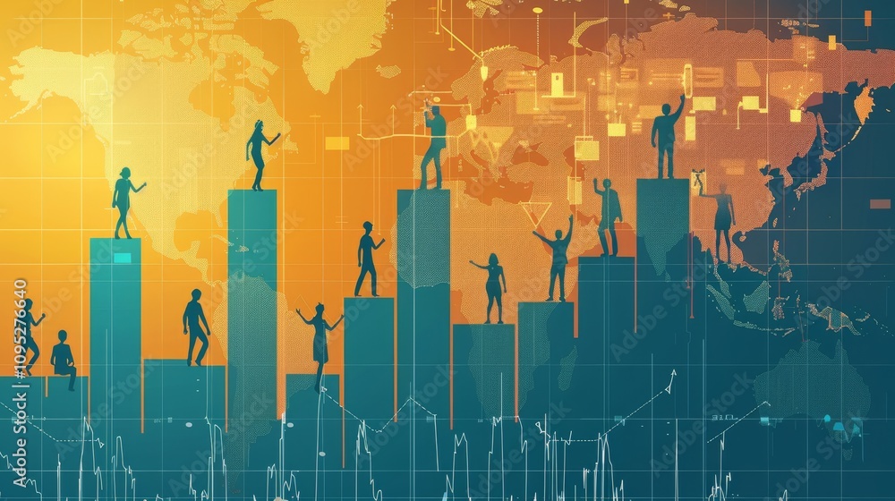 Poster people climbing bar graphs on a world map background during a business presentation in a modern sett