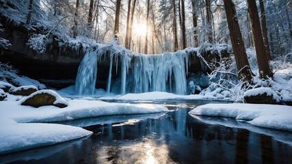 Tranquilo paisaje invernal con cascada congelada y sol