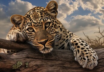 Fototapeta premium Majestic Leopard Resting on Branch Under a Dramatic Sky Captured in Stunning Detail, Showcasing its Unique Fur Patterns and Intense Expression in Natural Habitat