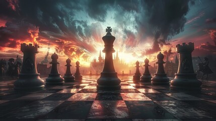 Dramatic chess battle at sunset with towering castles and vibrant skies in a fantasy landscape