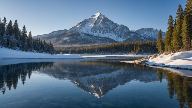 Hermoso paisaje invernal de monta&ntilde;as nevadas y lago reflejante