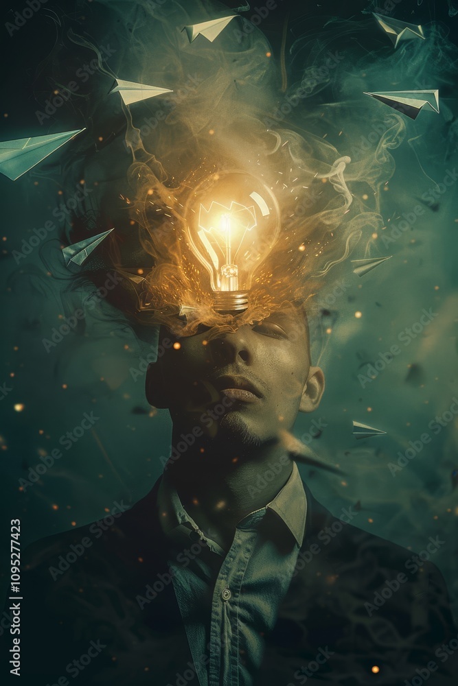 Poster creative inspiration flows from a man's mind as ideas take shape in a surreal setting with lightbulb