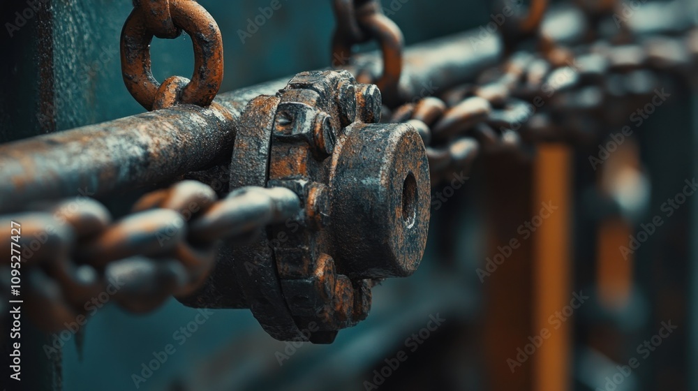 Poster close-up of a rusted gear and chain on a metal structure