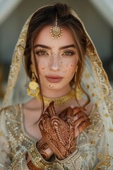 Elegant bride adorned in traditional attire with intricate henna and jewelry during a ceremonial event