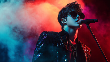 Close up portrait of a korean k-pop singer singing to a microphone and wearing sunglasses, stage smoke background with copy space	