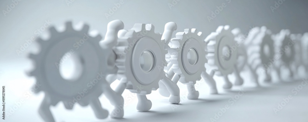 Poster gears walking in line representing teamwork and collaboration