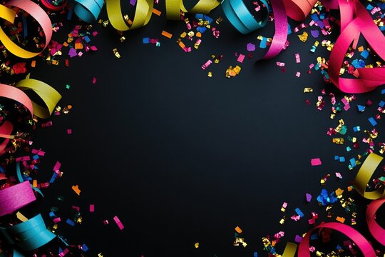 Festive Black Party Background with Colorful Streamers and Scattered Confetti