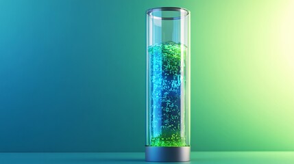 Futuristic 3D Render of Transparent Industrial Cylinder with Glowing Blue and Green Liquids Symbolizing Advanced Fuel Processing Technology on Gradient Background