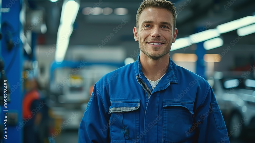 Aufkleber smiling mechanic stands in workshop surrounded by tools and cars during the day showing enthusiasm a