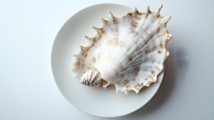 Obraz premium Intricate Photography of a Plate and Seashell on a White Background, Captured from a Top Shot Perspective
